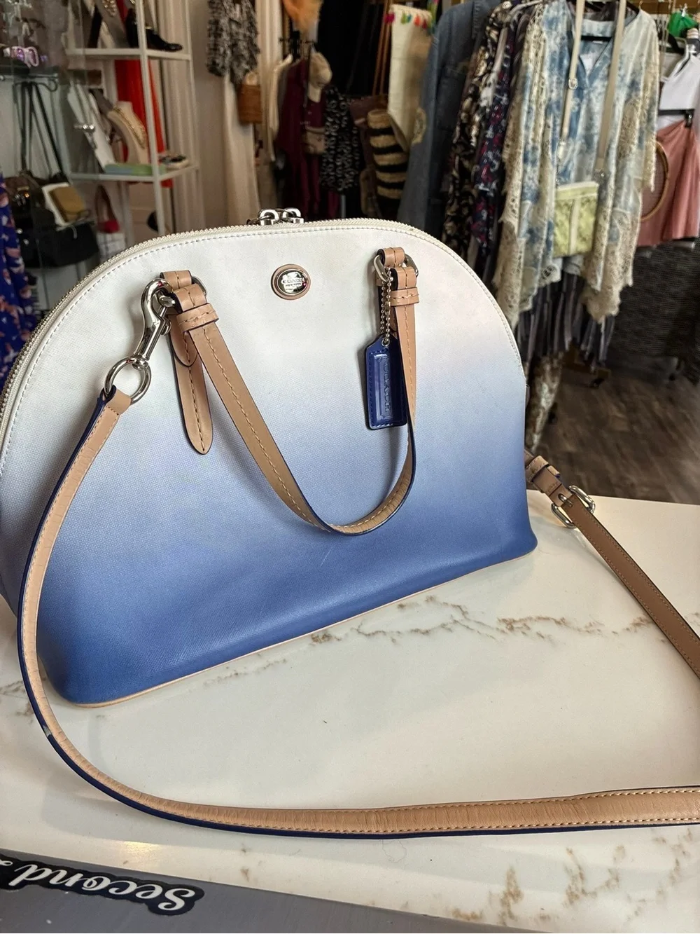 Coach Blue Ombre Dome Satchel with Tan Trim